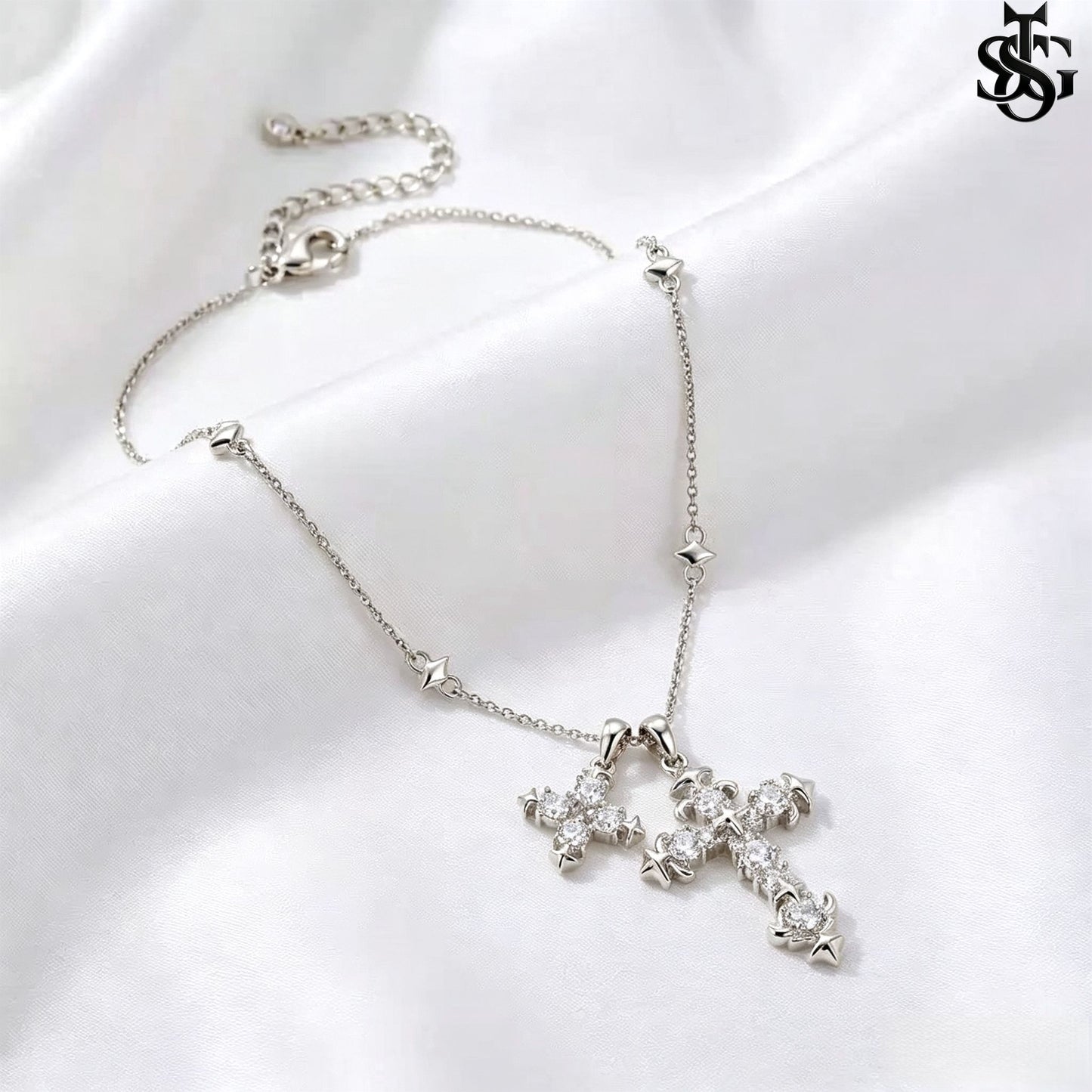Crystal Double Cross Necklace – Gold CZ Pendant Satellite Chain
