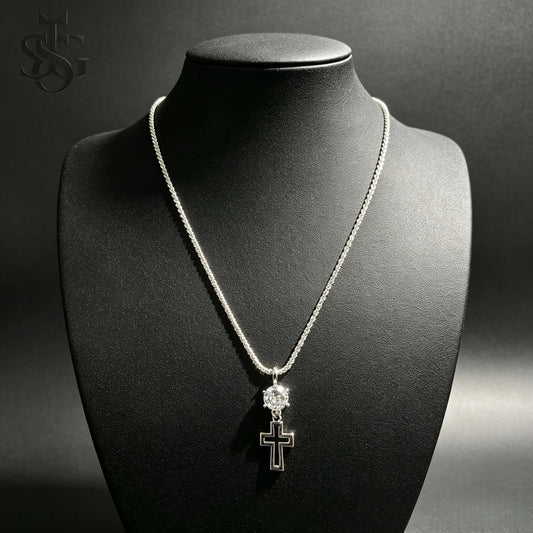 Sparkling Crystal Cross Pendant Necklace – Silver Rope Chain Christian Faith Jewelry