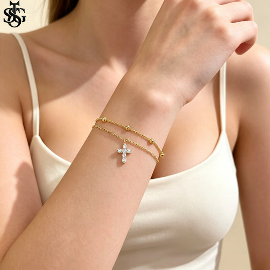 Layered Cross Charm Bracelet – Dainty Cross Jewelry & Layering Bracelet Inspo