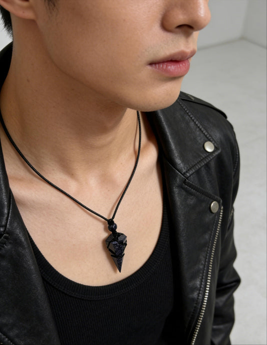 Natural Crystal Point Necklace for Men&Women – Geometric Stone Pendant in Black Tone