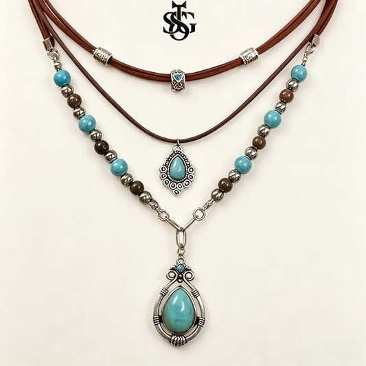 Boho Turquoise Jewelry Set – Boho Style Layered Necklace, Bracelet & Earrings Gift Set