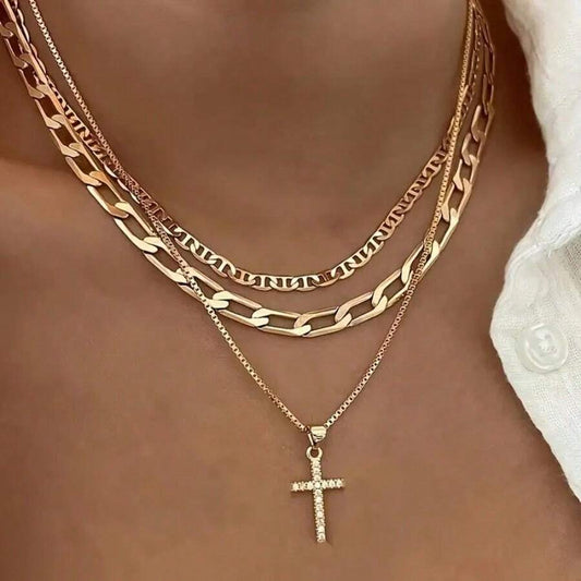 3-Piece 18K Gold-Plated Y Cross Layered Necklace Set