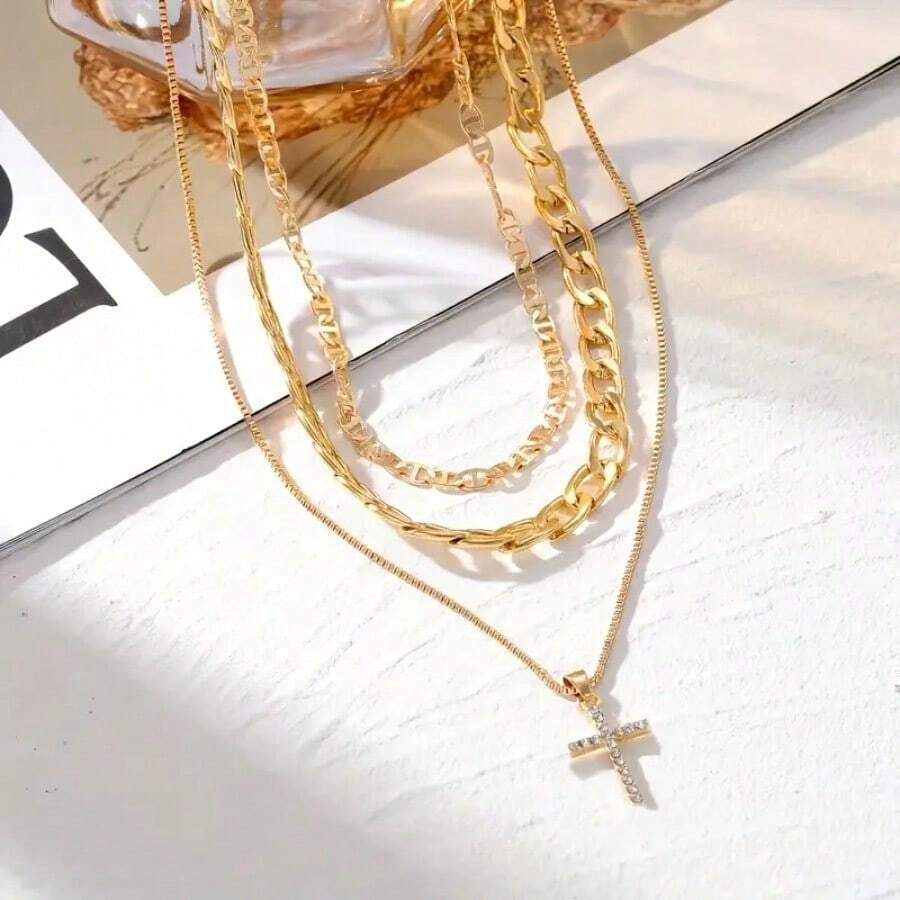 3-Piece 18K Gold-Plated Y Cross Layered Necklace Set