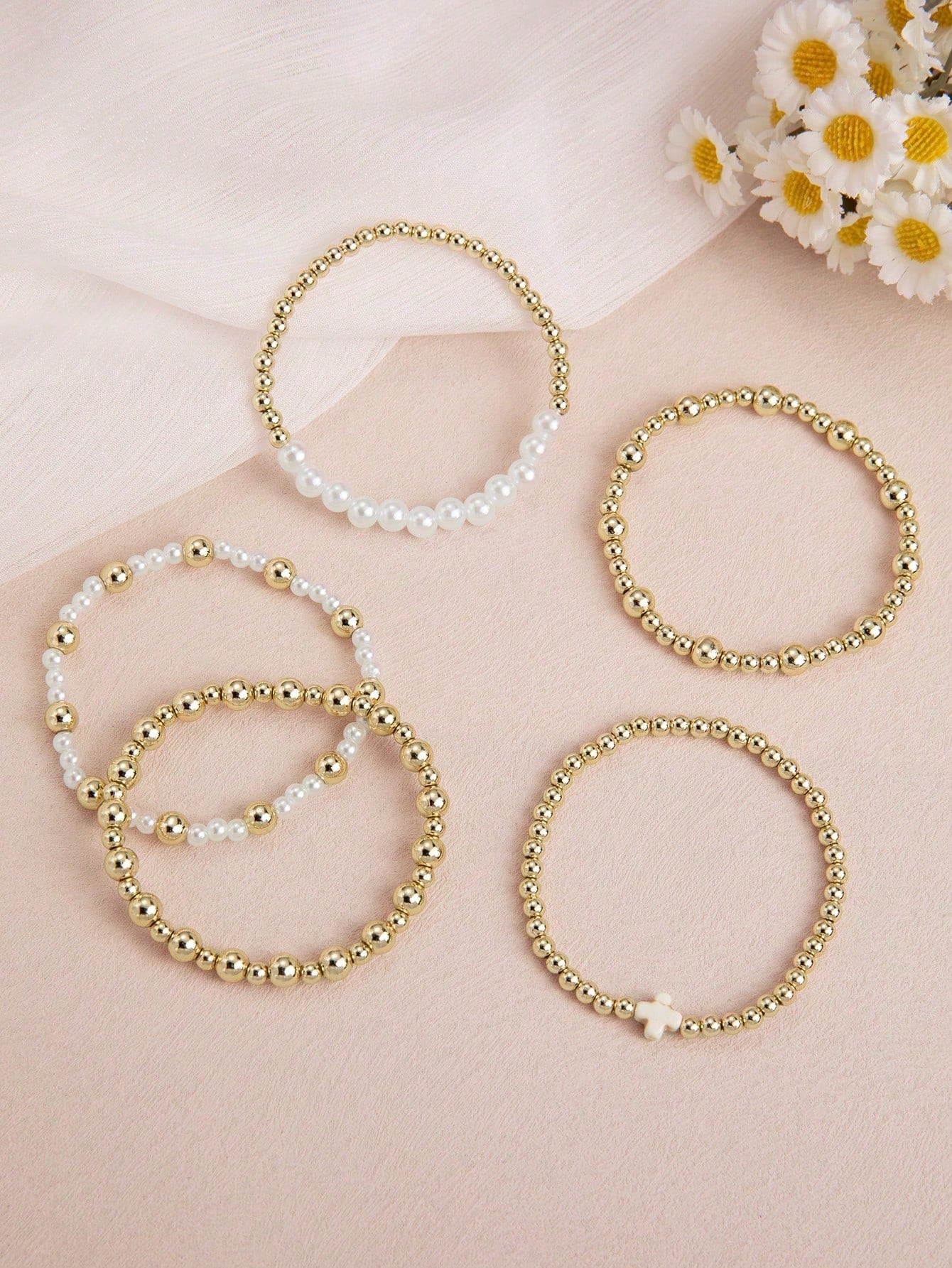 5pc Boho Gold Beaded Bracelet Set with Pearl & Cross