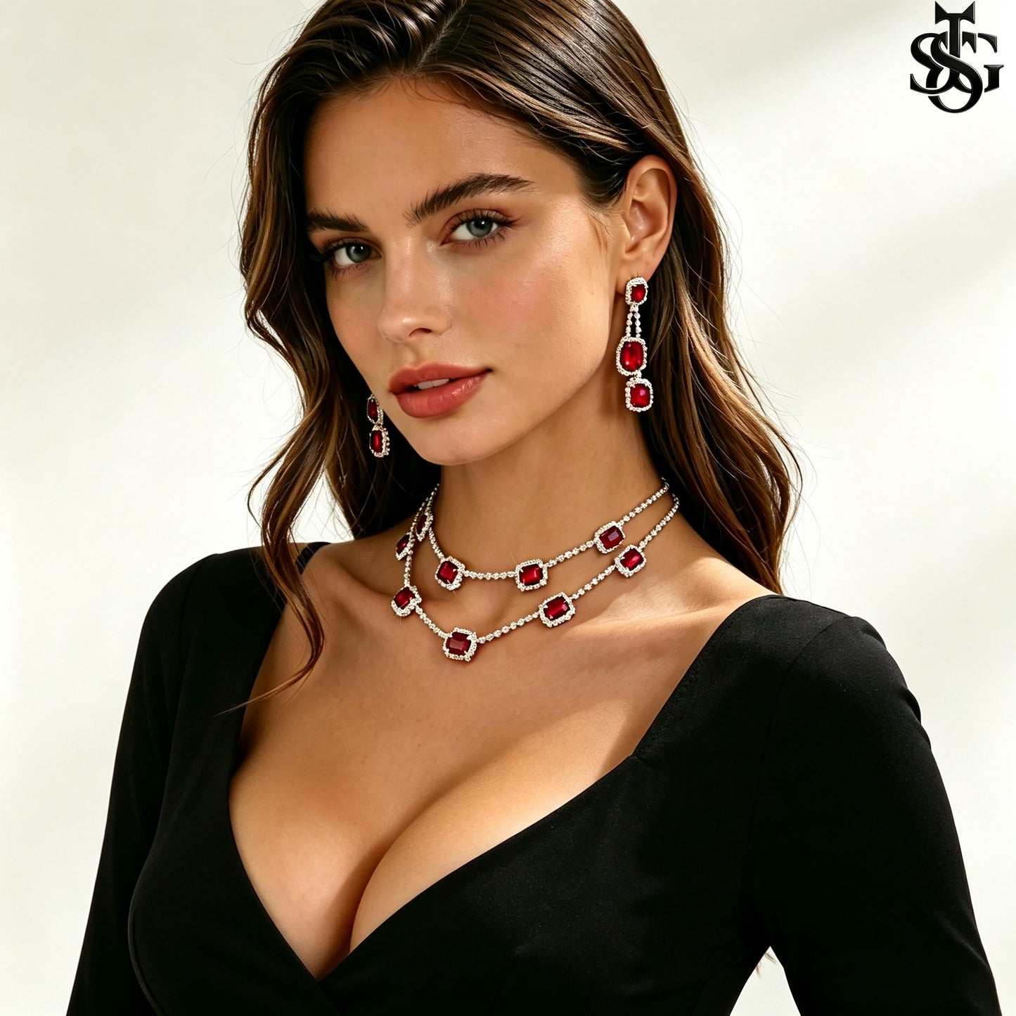 CZ Double Layer Tennis Necklace and Earring Set for Women – Cubic Zirconia Layered Choker with Drop Earrings, Fashion Jewelry Gift