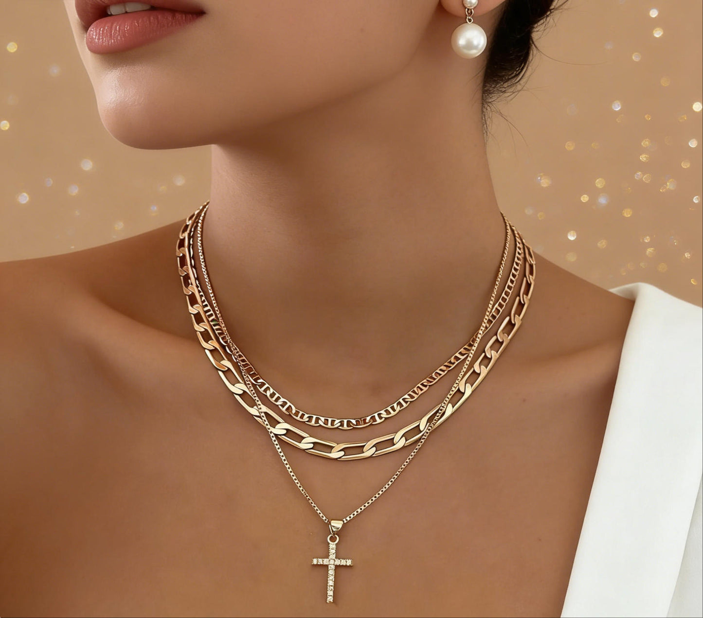 3-Piece 18K Gold-Plated Y Cross Layered Necklace Set