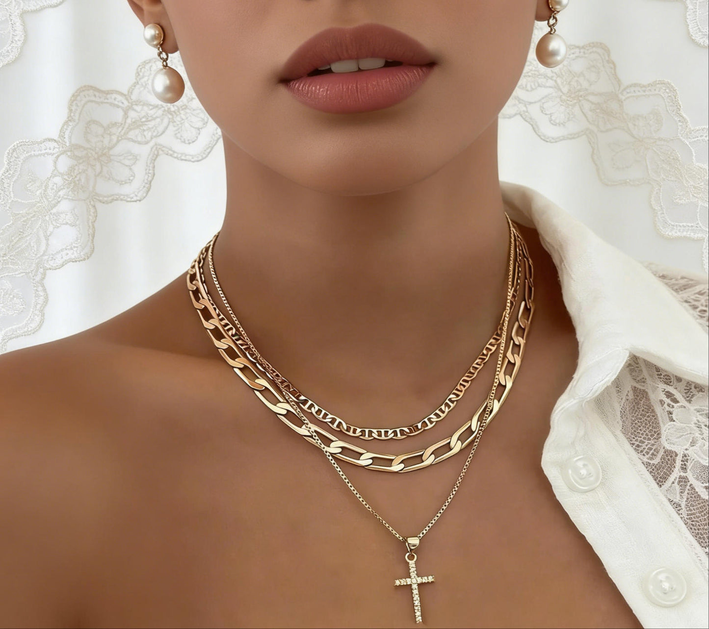 3-Piece 18K Gold-Plated Y Cross Layered Necklace Set