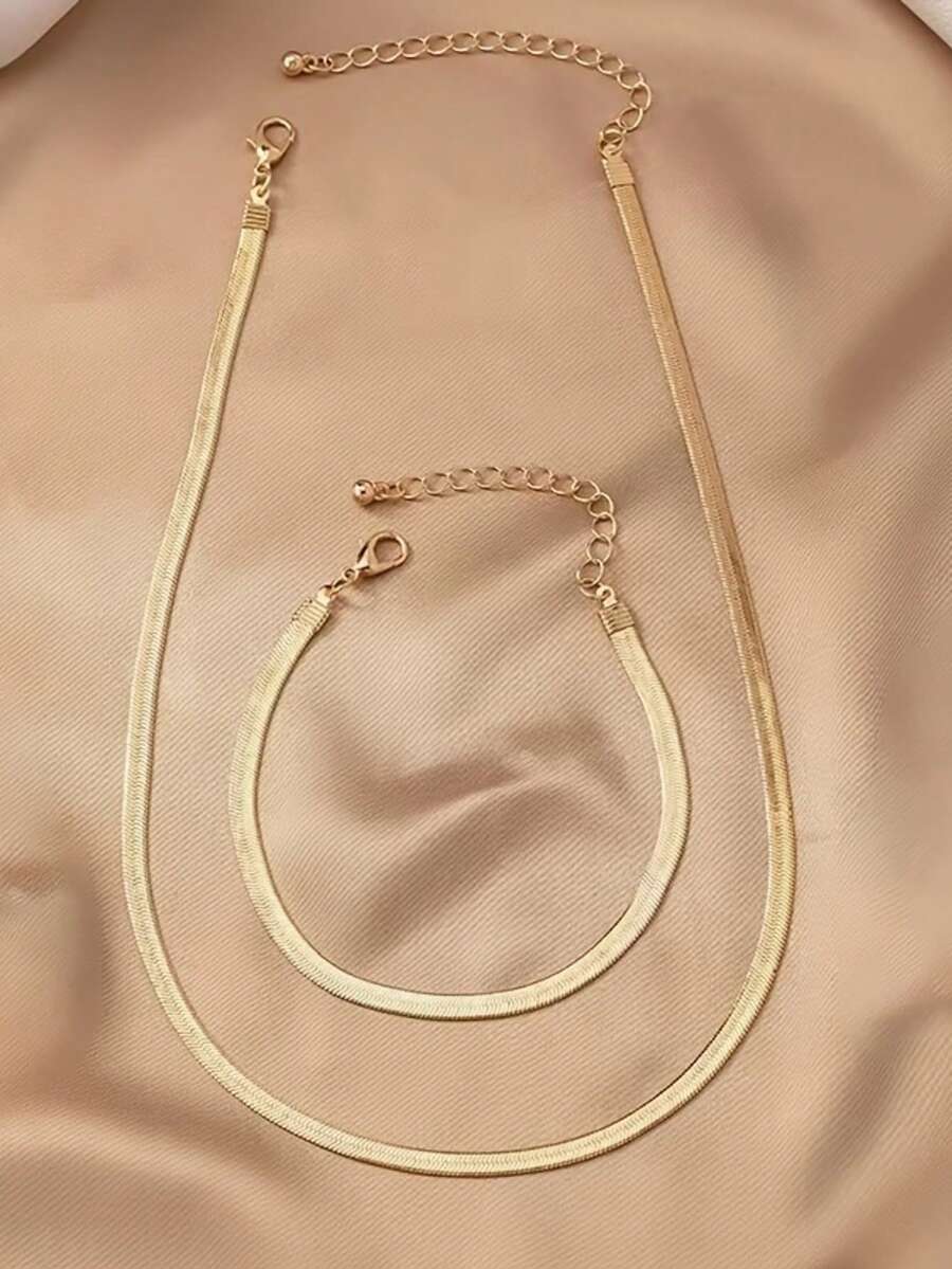 Stainless Steel Flat Snake Chain Necklace & Bracelet Set