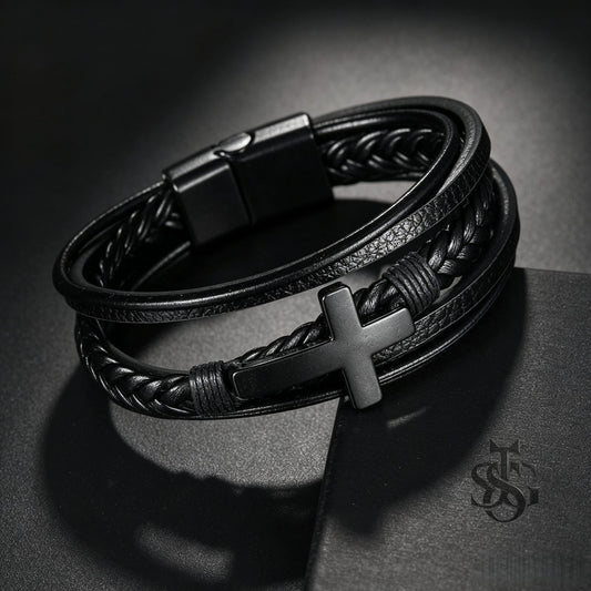 Unisex Multi-Layer Braided Black Leather Cross Bracelet – Stainless Steel Sideways Cross with Magnetic Clasp