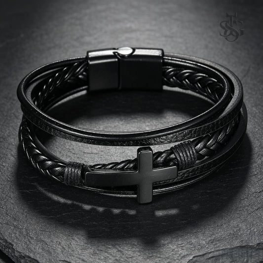 Unisex Multi-Layer Braided Black Leather Cross Bracelet – Stainless Steel Sideways Cross with Magnetic Clasp