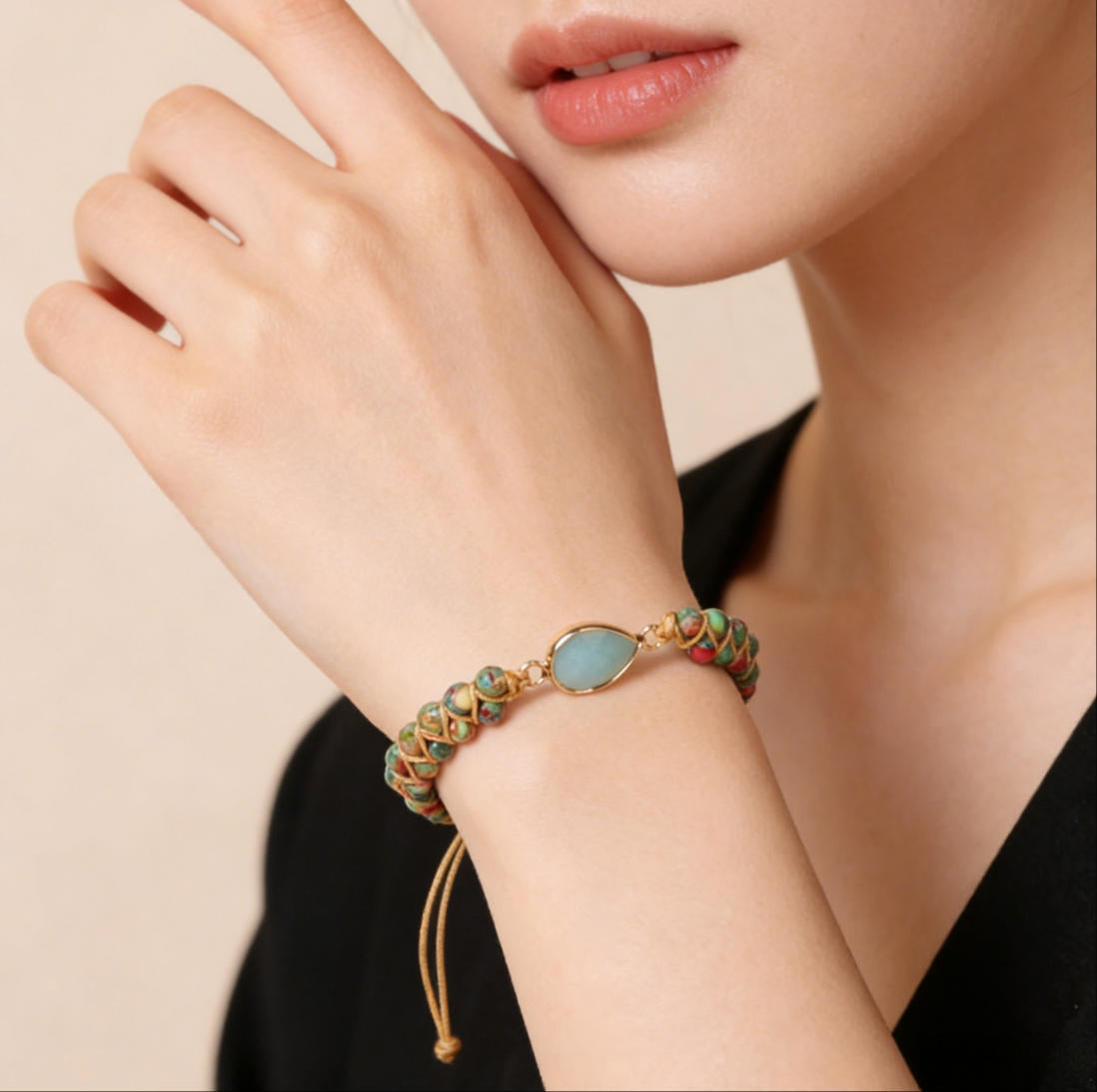 Natural Amazonite Gemstone Braided Charm Bracelet