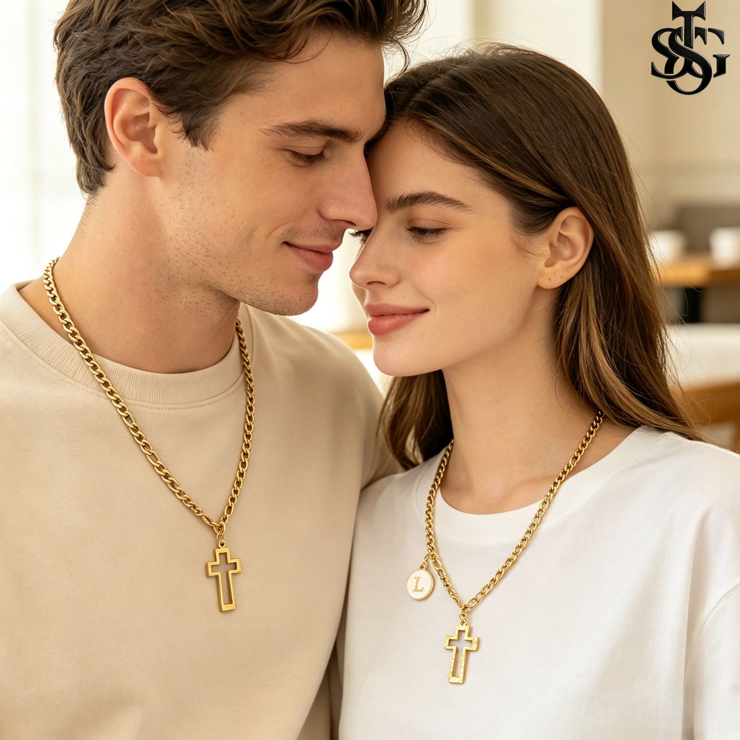 Gold Cross Pendant Necklace for Couples | Customizable Initial Letter Charm