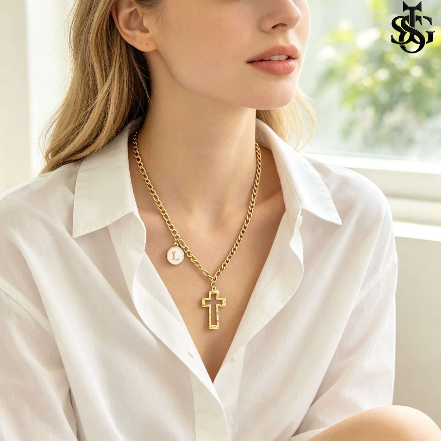 Gold Cross Pendant Necklace for Couples | Customizable Initial Letter Charm