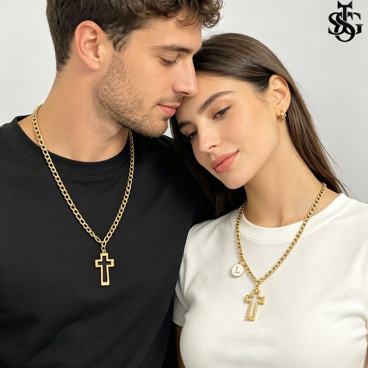 Gold Cross Pendant Necklace for Couples | Customizable Initial Letter Charm