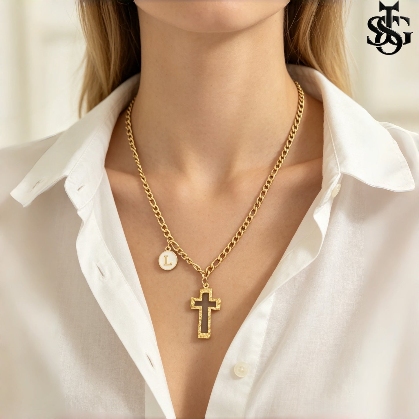 Gold Cross Pendant Necklace for Couples | Customizable Initial Letter Charm