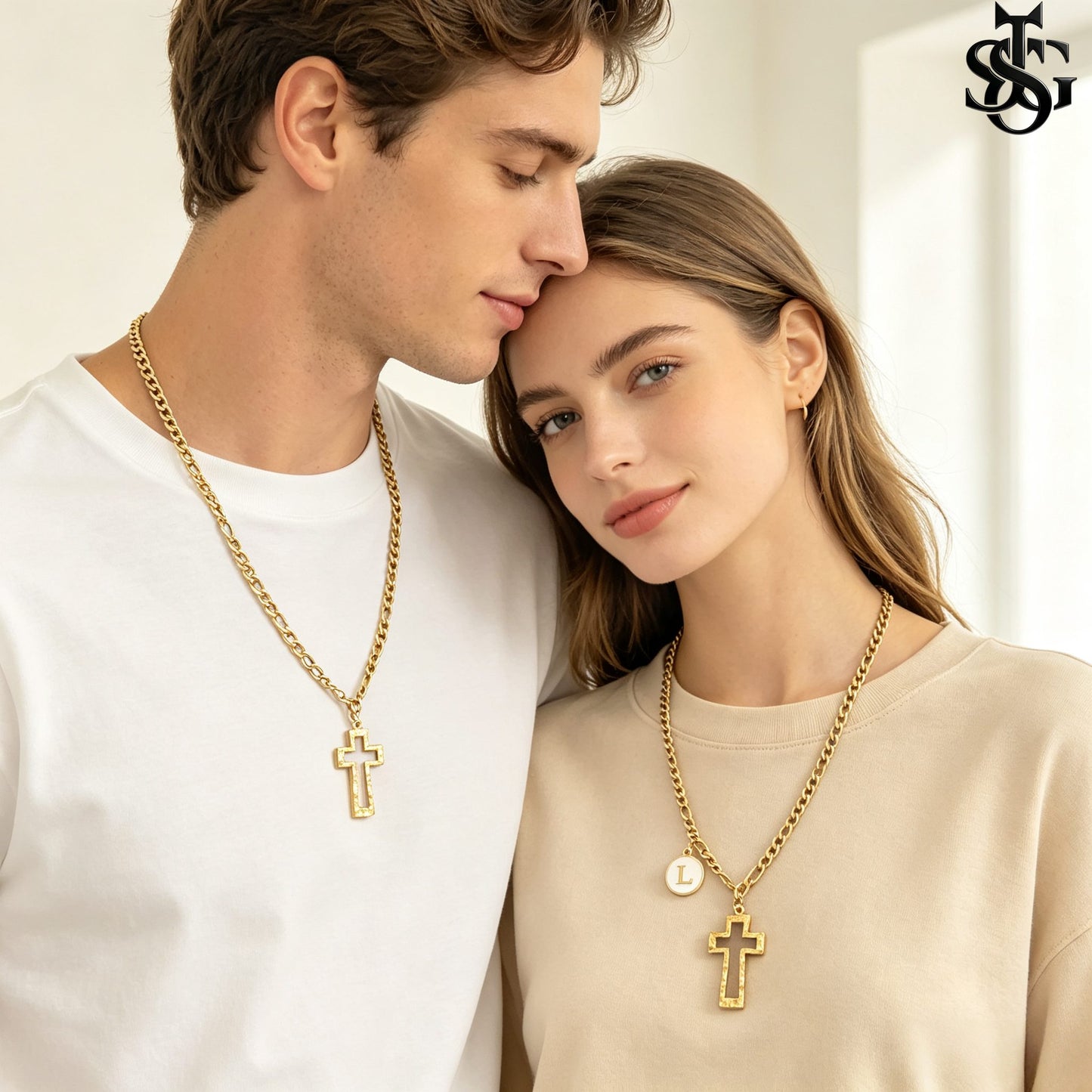 Gold Cross Pendant Necklace for Couples | Customizable Initial Letter Charm