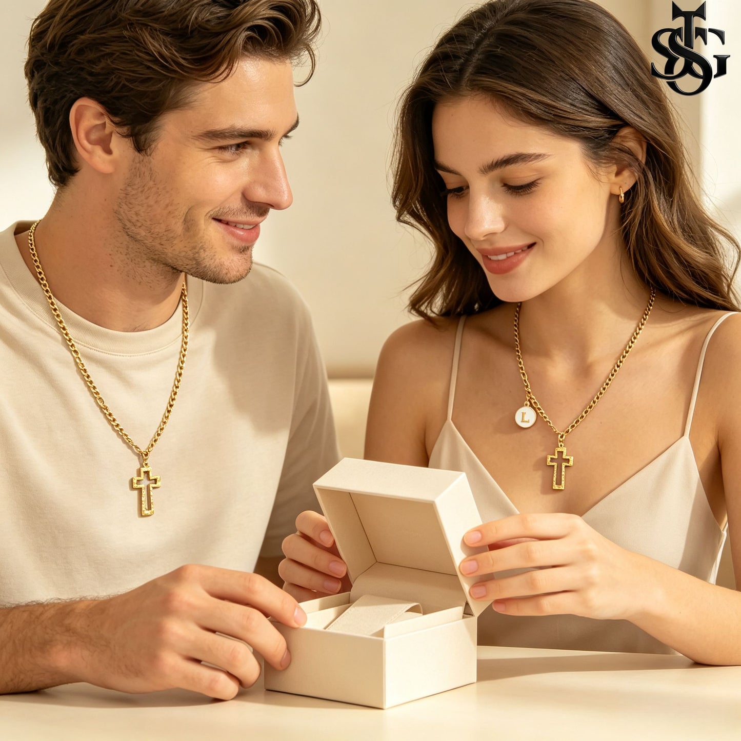 Gold Cross Pendant Necklace for Couples | Customizable Initial Letter Charm