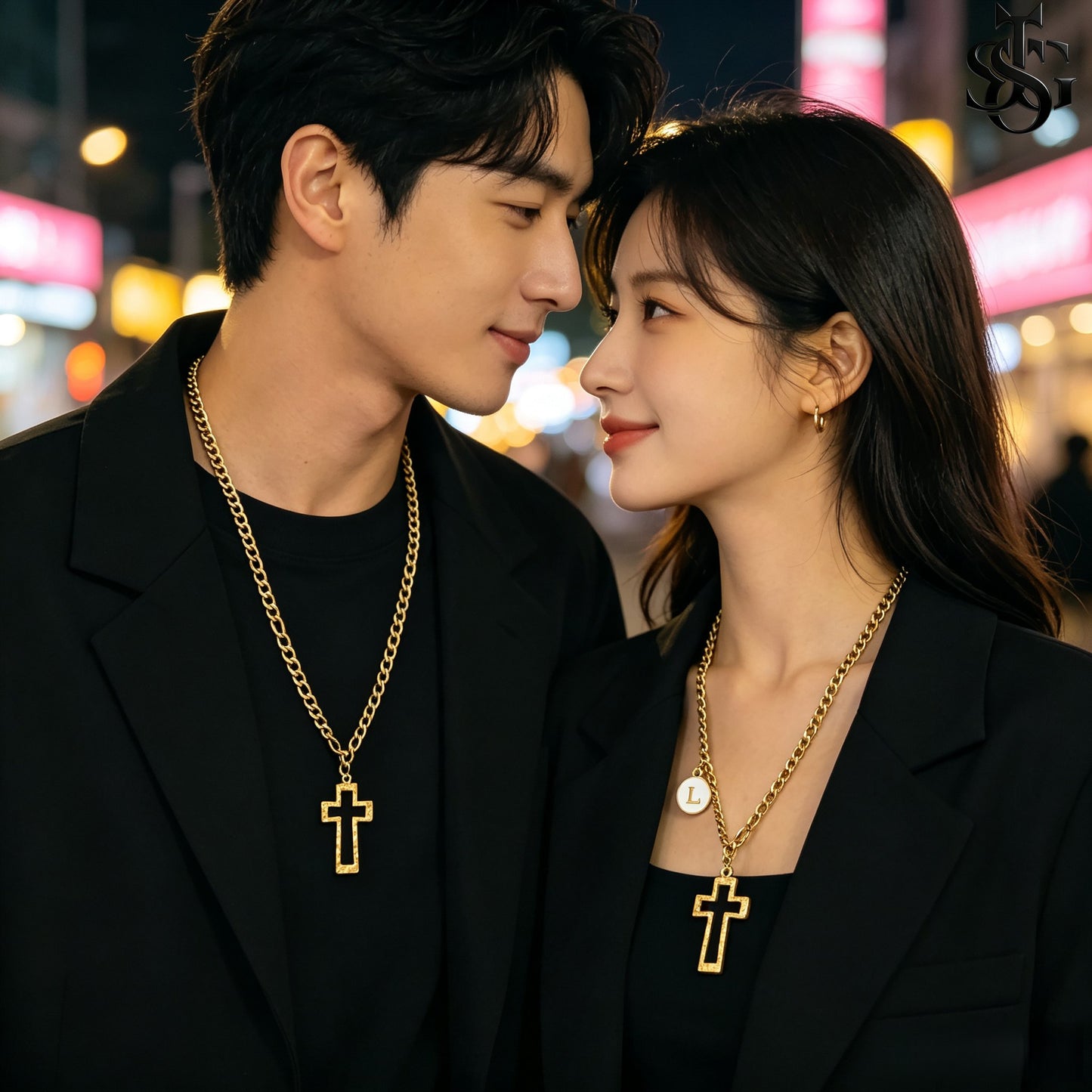 Gold Cross Pendant Necklace for Couples | Customizable Initial Letter Charm