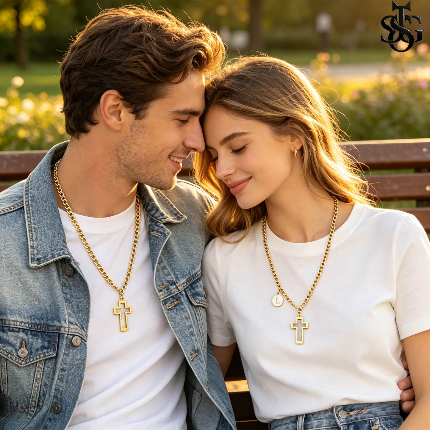 Gold Cross Pendant Necklace for Couples | Customizable Initial Letter Charm