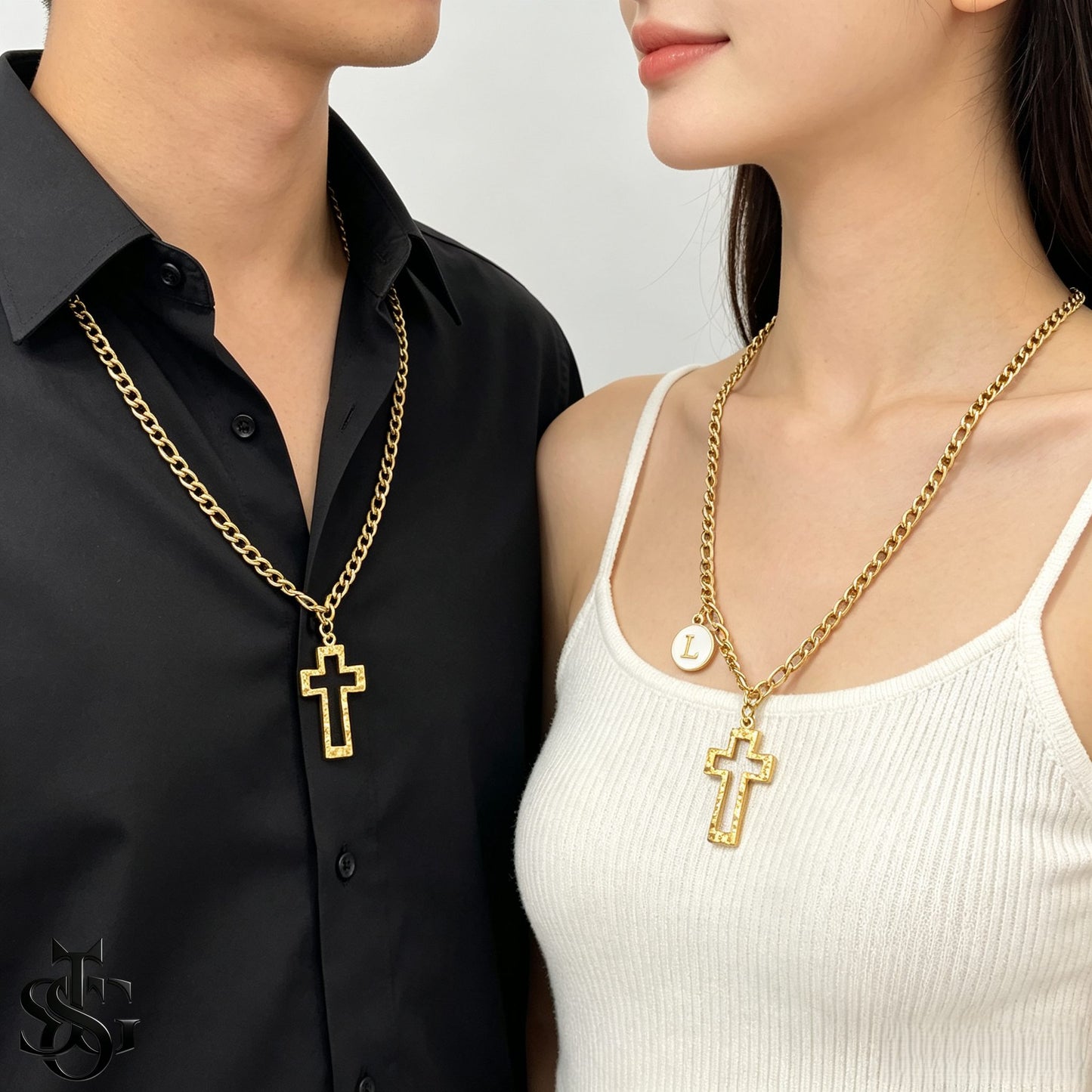 Gold Cross Pendant Necklace for Couples | Customizable Initial Letter Charm