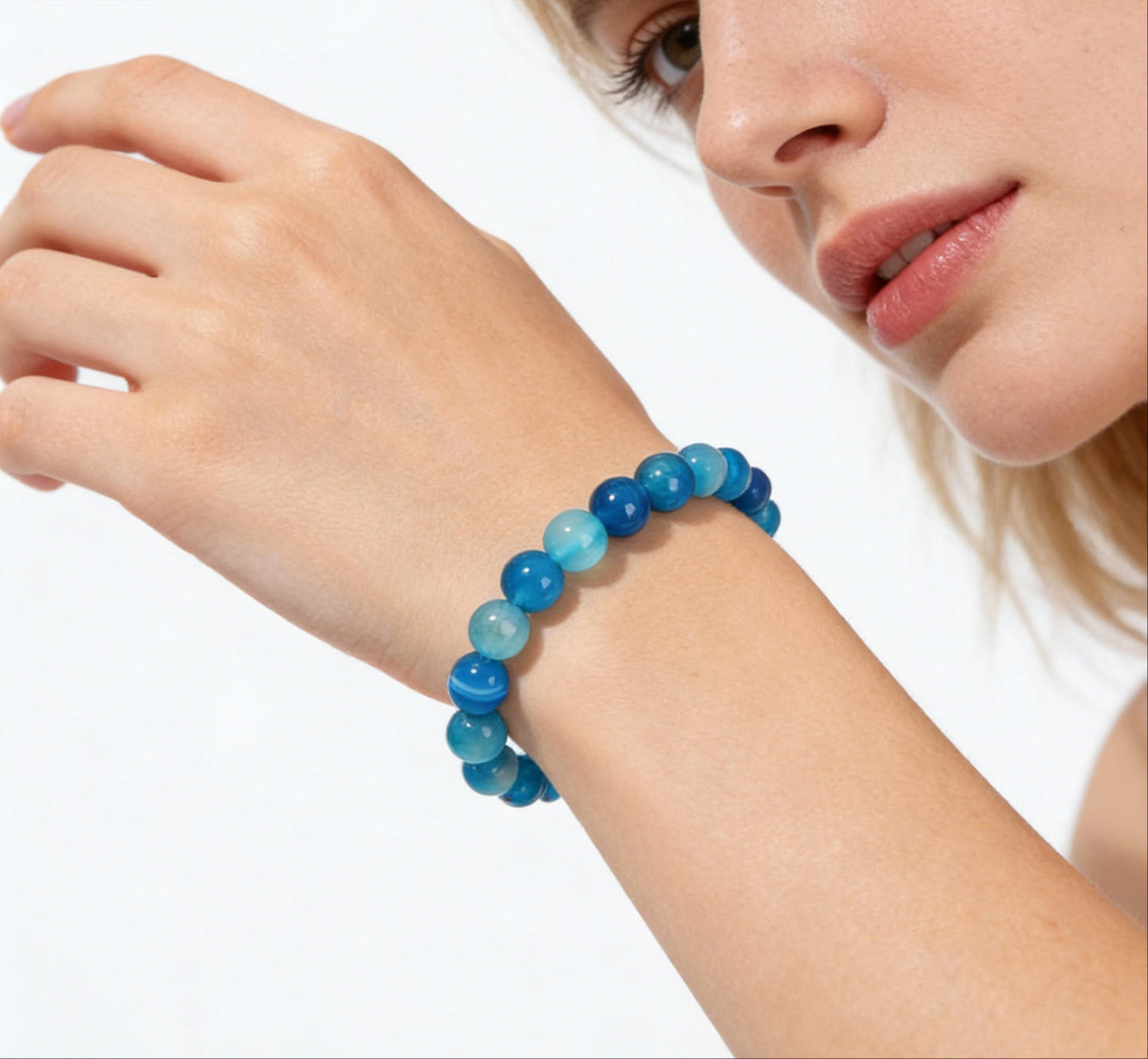 Blue Striped Agate Beaded Bracelet – 8mm Boho Stretch