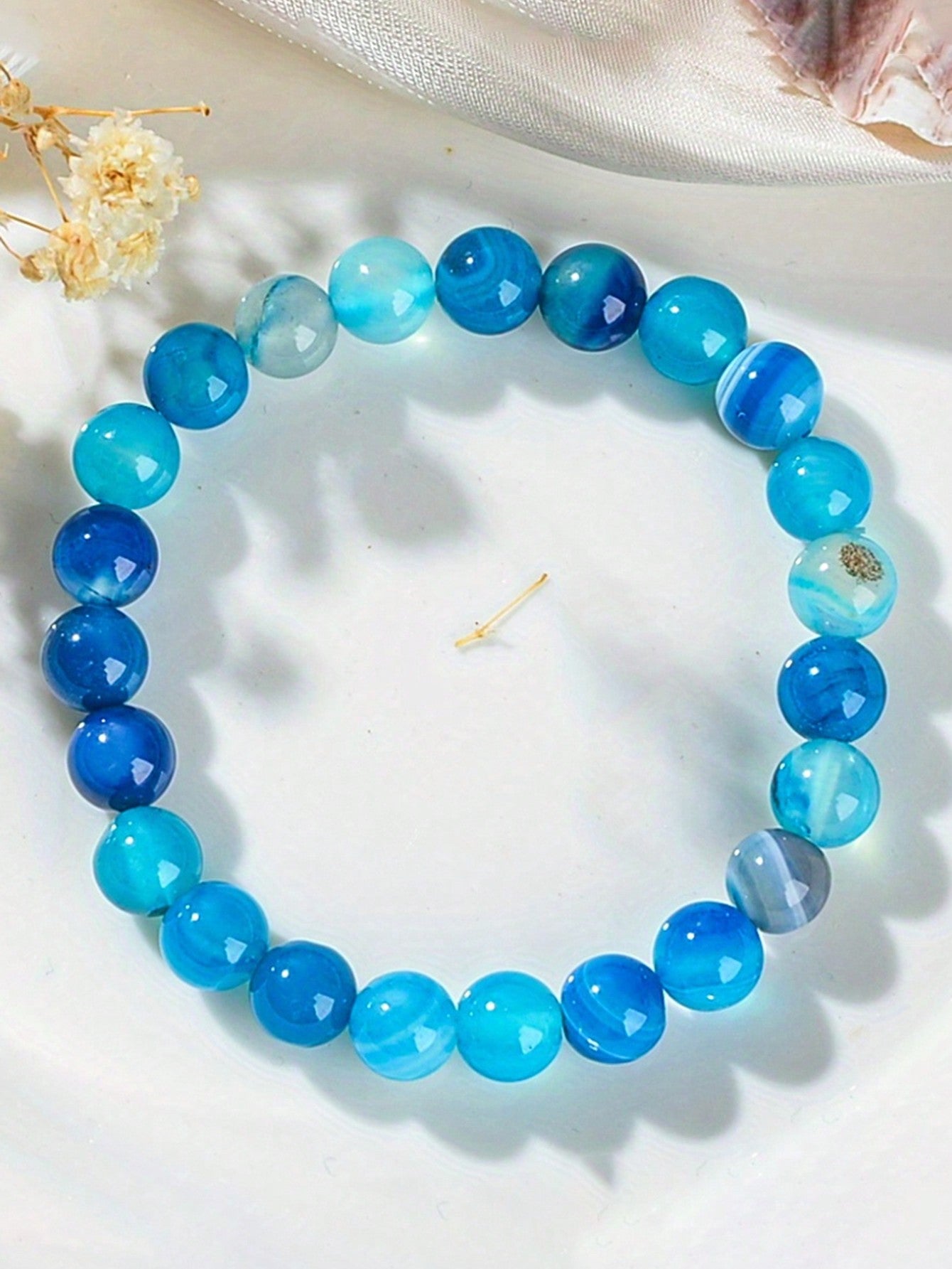 Blue Striped Agate Beaded Bracelet – 8mm Boho Stretch