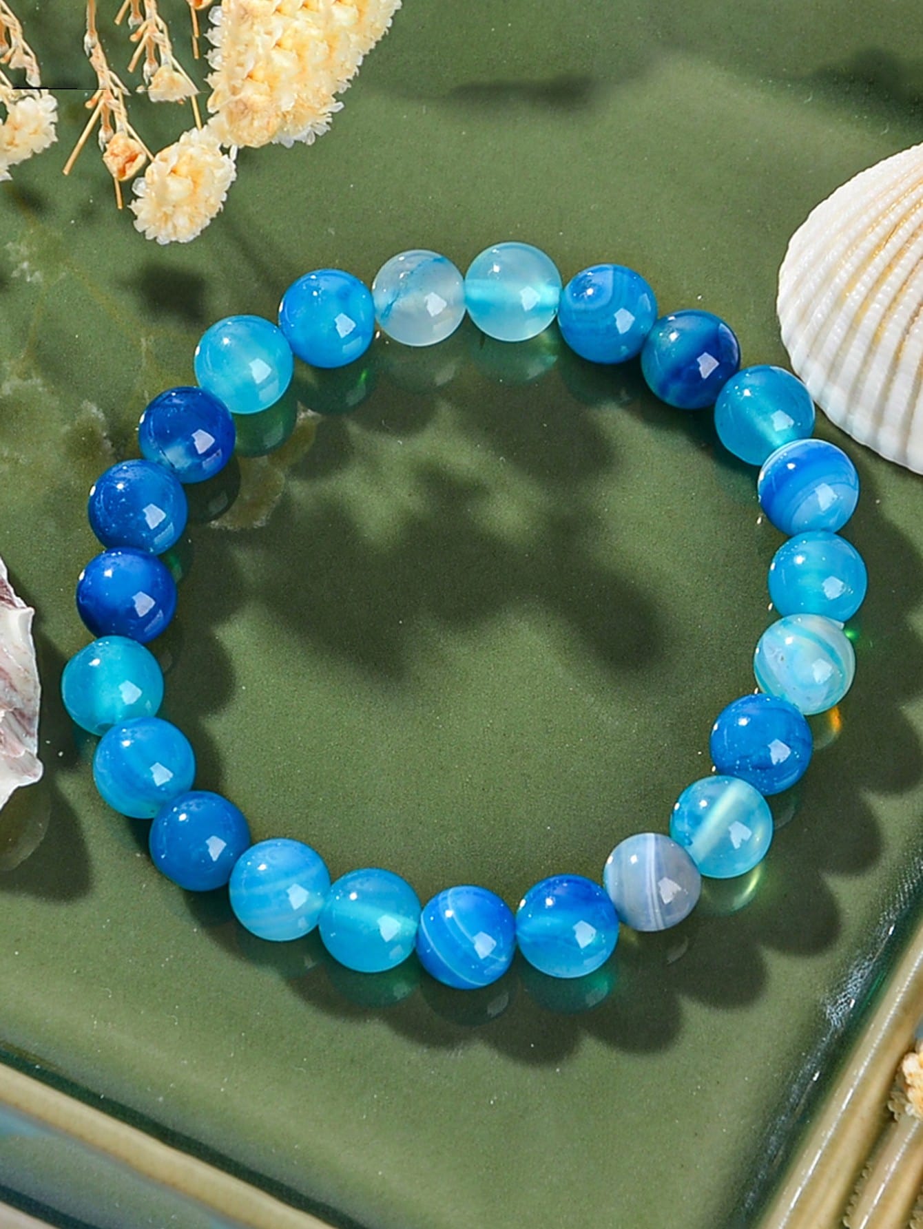 Blue Striped Agate Beaded Bracelet – 8mm Boho Stretch