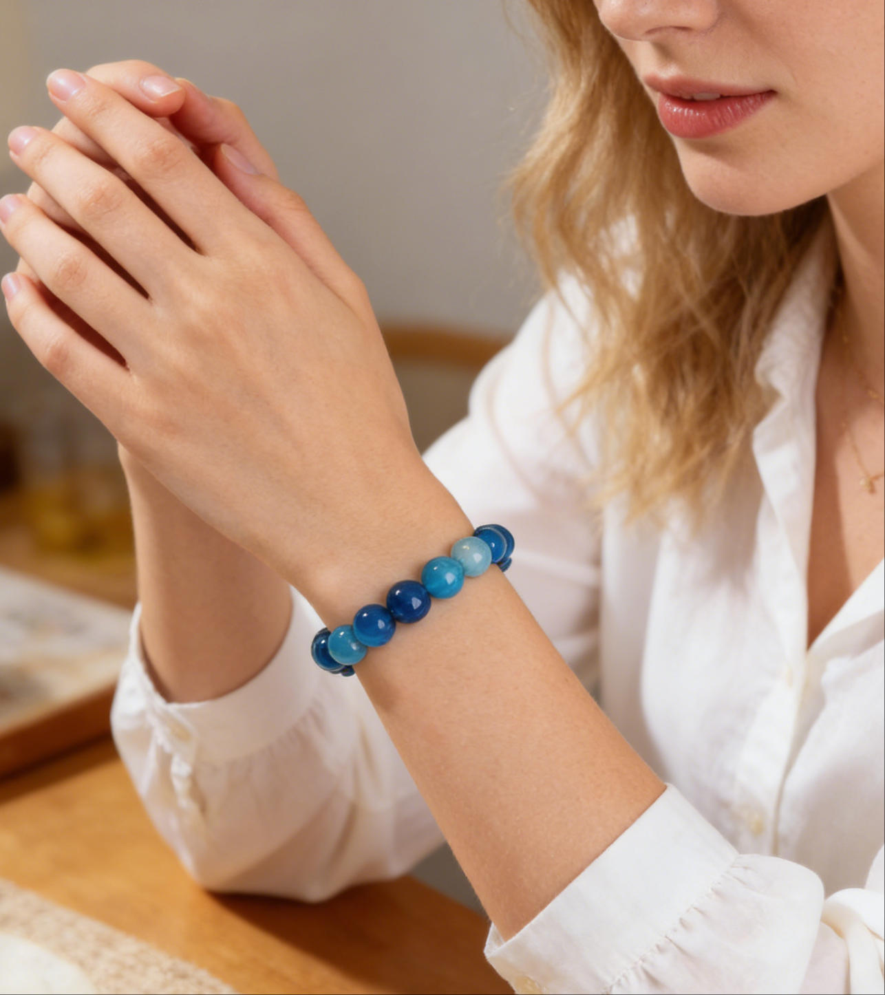 Blue Striped Agate Beaded Bracelet – 8mm Boho Stretch