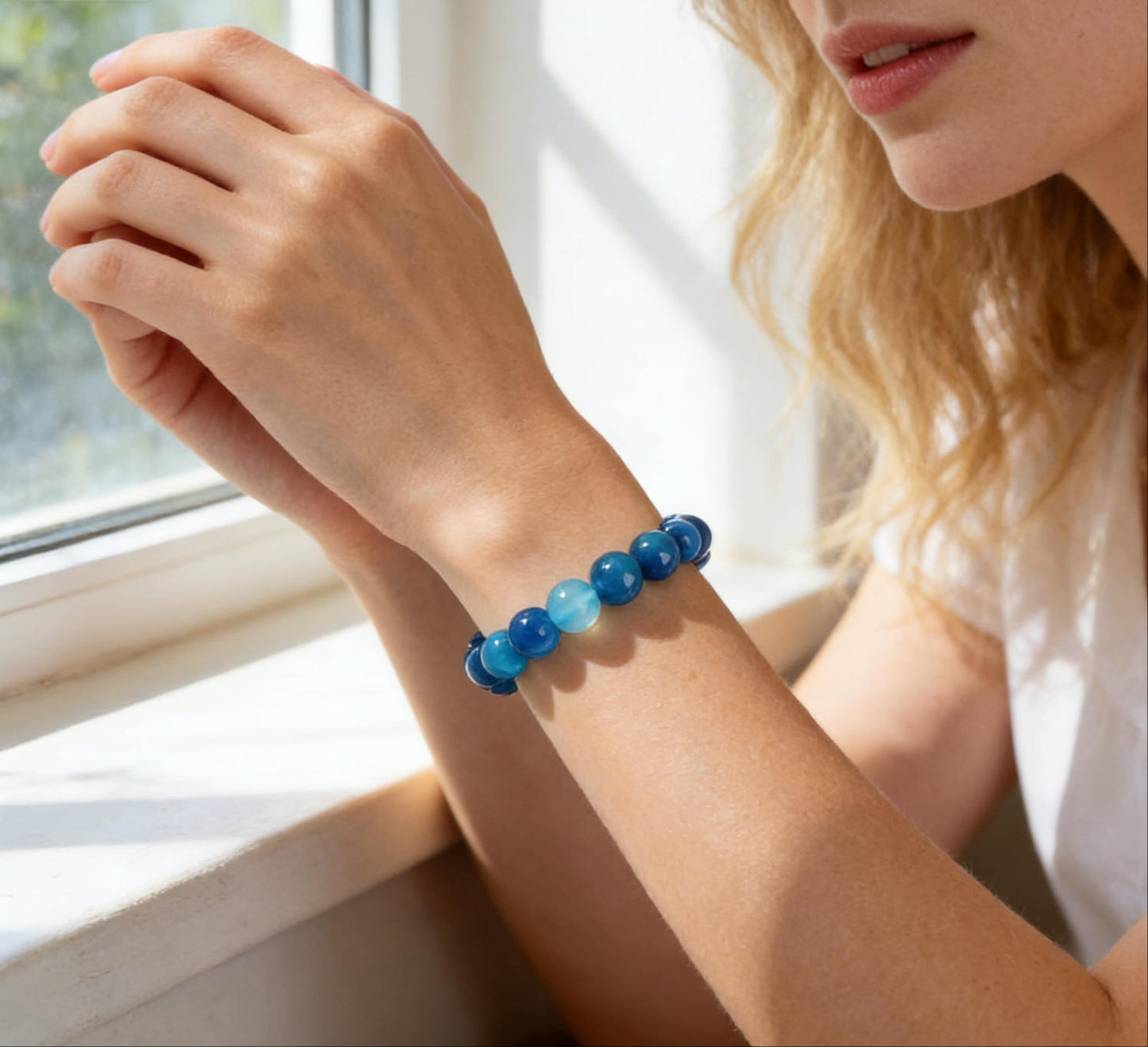 Blue Striped Agate Beaded Bracelet – 8mm Boho Stretch