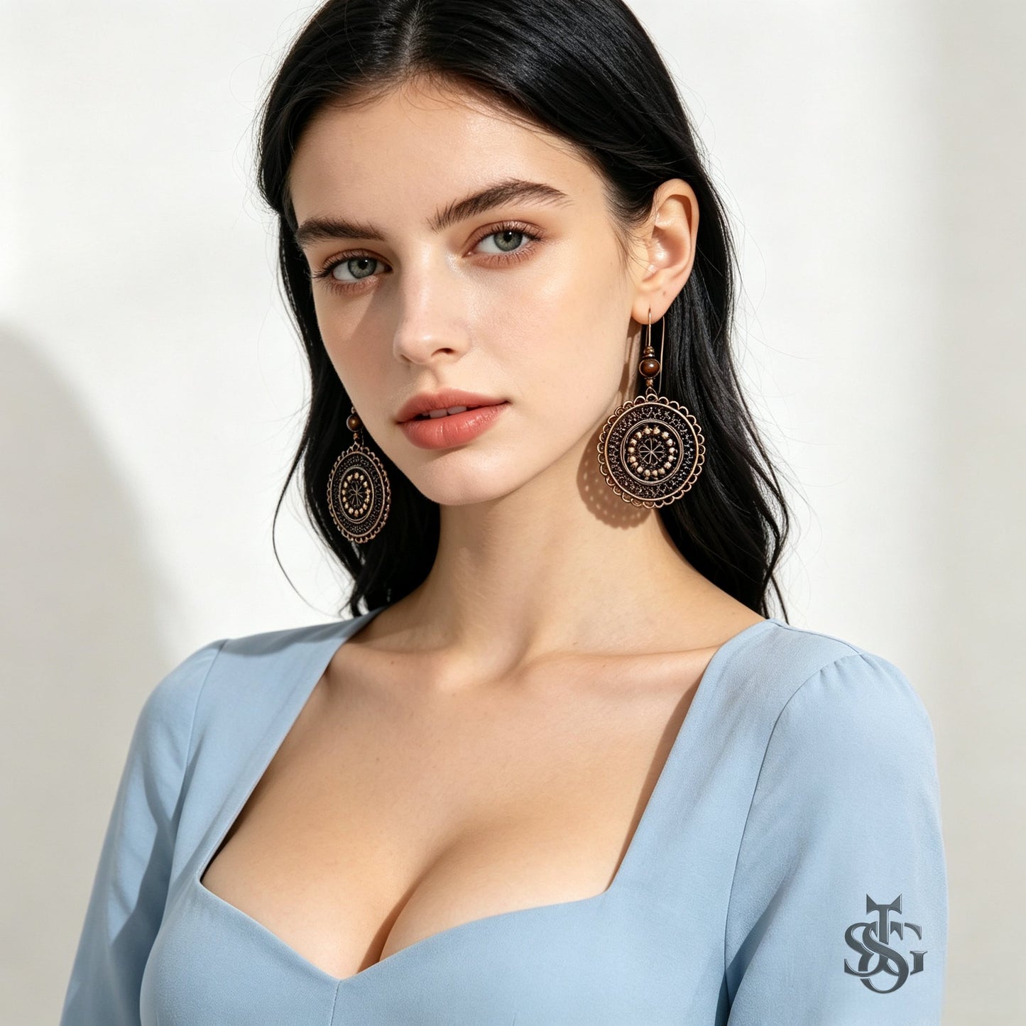 Vintage Carved Flower Mandala Dangle Earrings | Boho Antique Bronze Round Drop Earrings