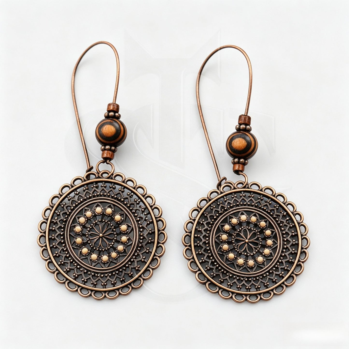 Vintage Carved Flower Mandala Dangle Earrings | Boho Antique Bronze Round Drop Earrings