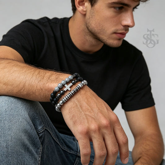 3-Piece Classic Cross & Matte Black Stone Beaded Bracelet Set for Men & Women