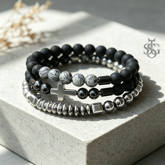 3-Piece Classic Cross & Matte Black Stone Beaded Bracelet Set for Men & Women