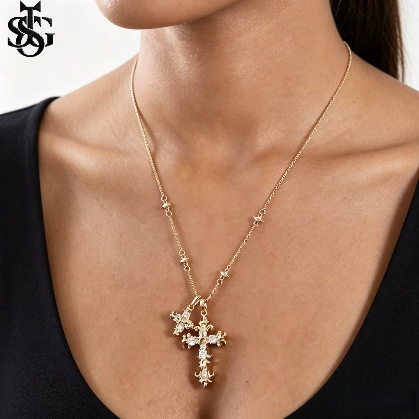 Crystal Double Cross Necklace – Gold CZ Pendant Satellite Chain