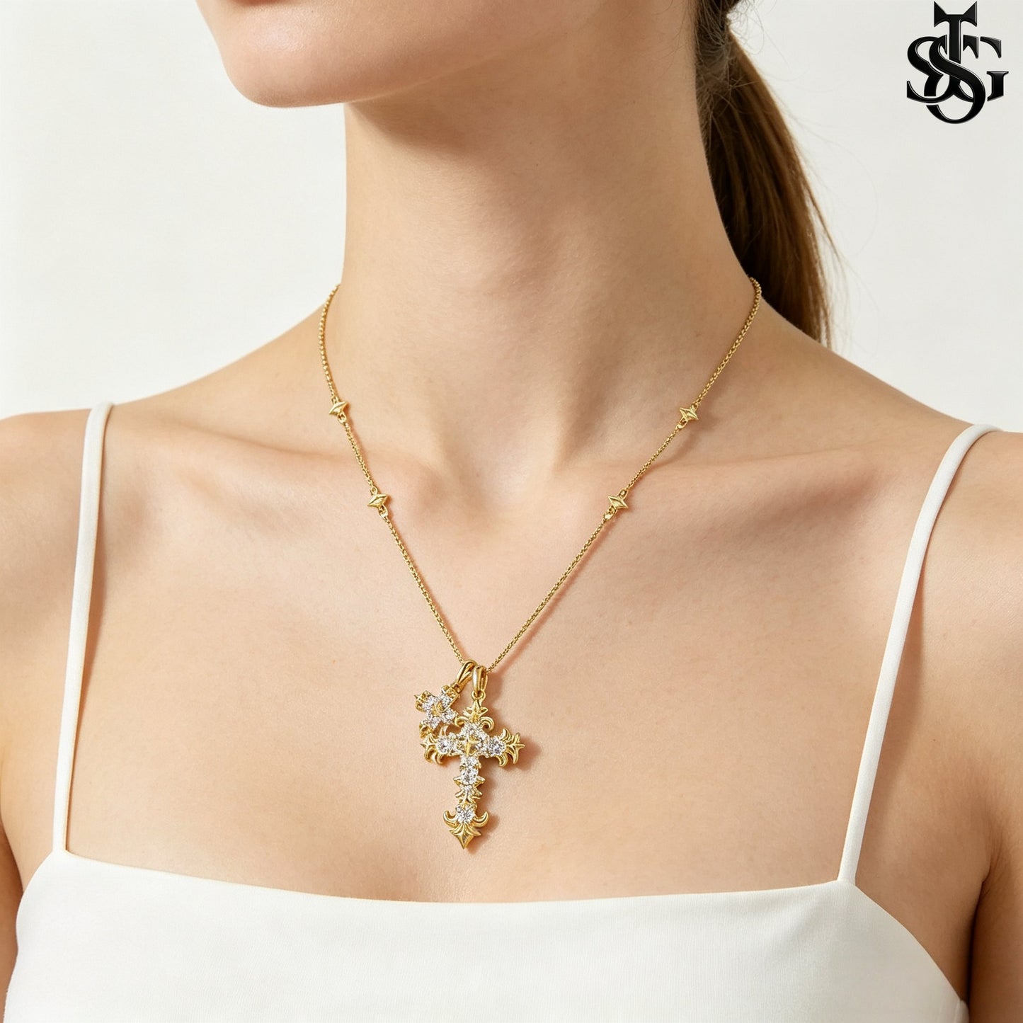 Crystal Double Cross Necklace – Gold CZ Pendant Satellite Chain
