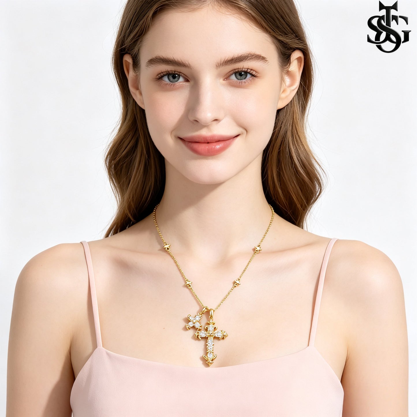 Crystal Double Cross Necklace – Gold CZ Pendant Satellite Chain