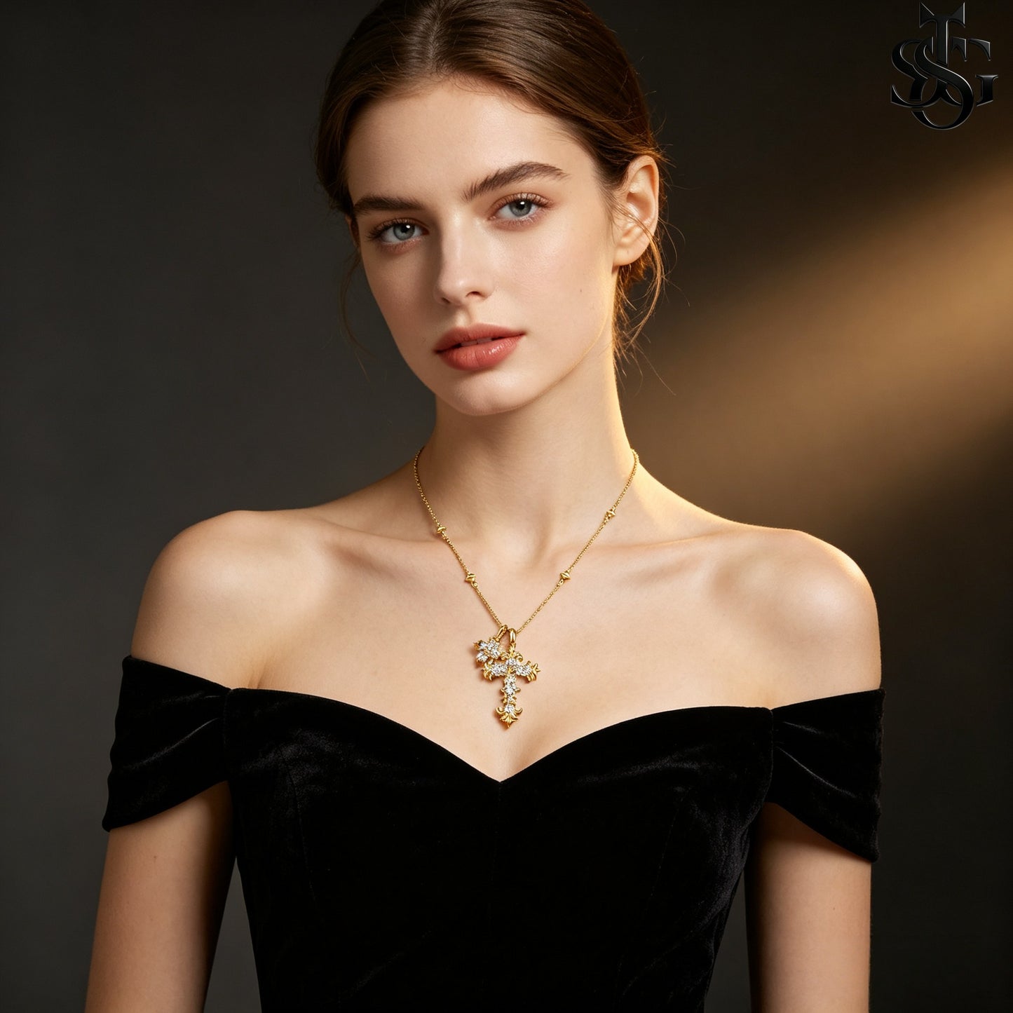 Crystal Double Cross Necklace – Gold CZ Pendant Satellite Chain