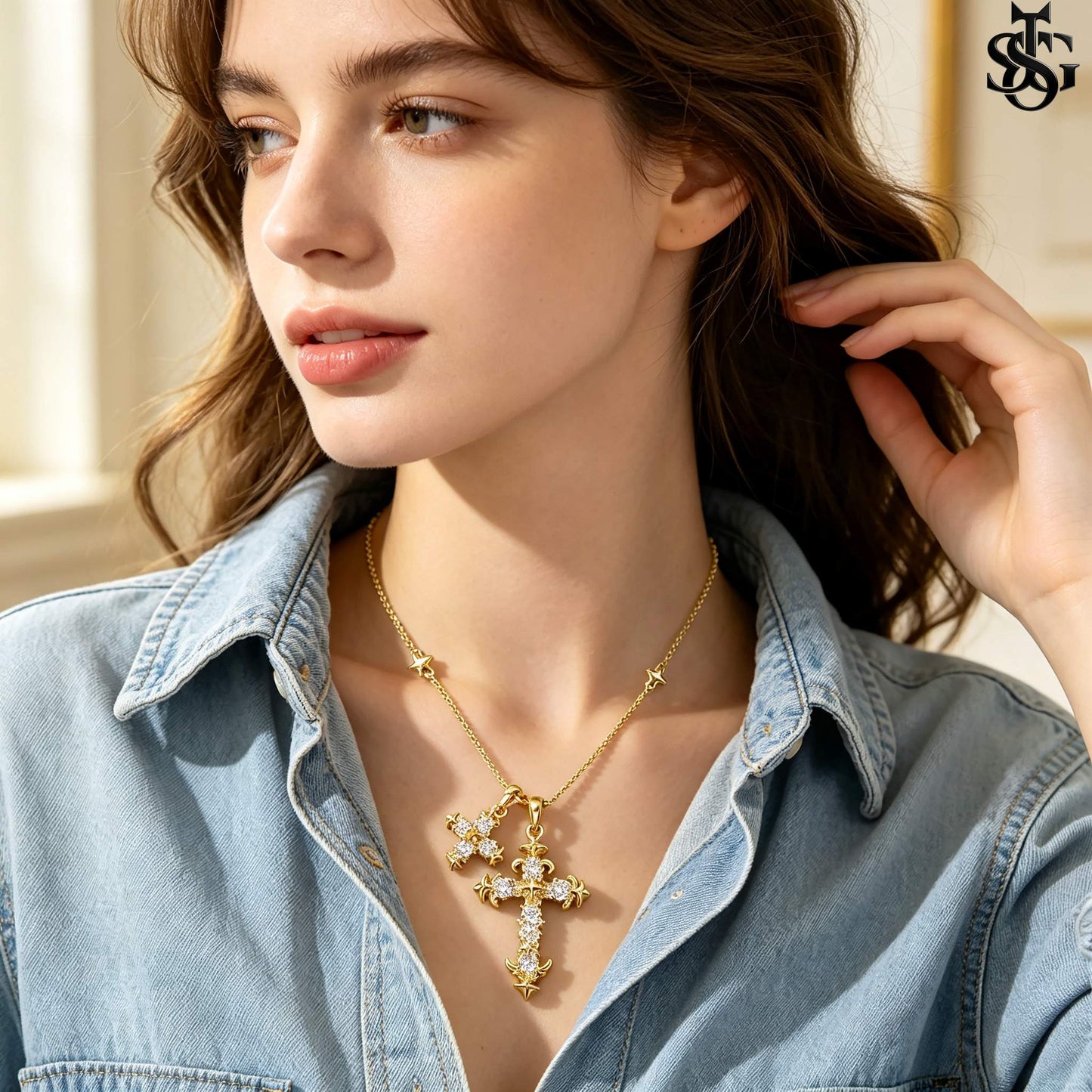 Crystal Double Cross Necklace – Gold CZ Pendant Satellite Chain