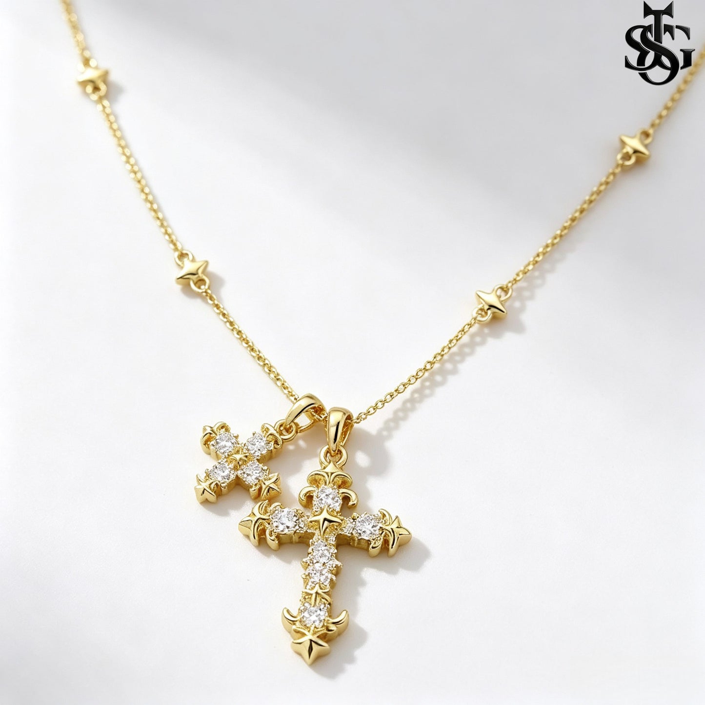 Crystal Double Cross Necklace – Gold CZ Pendant Satellite Chain