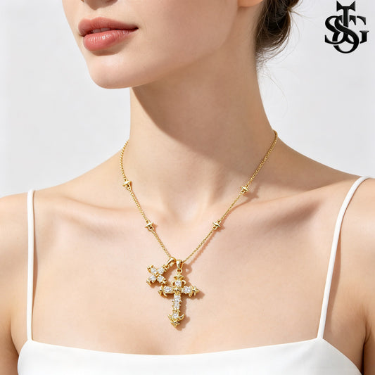 Crystal Double Cross Necklace – Gold CZ Pendant Satellite Chain