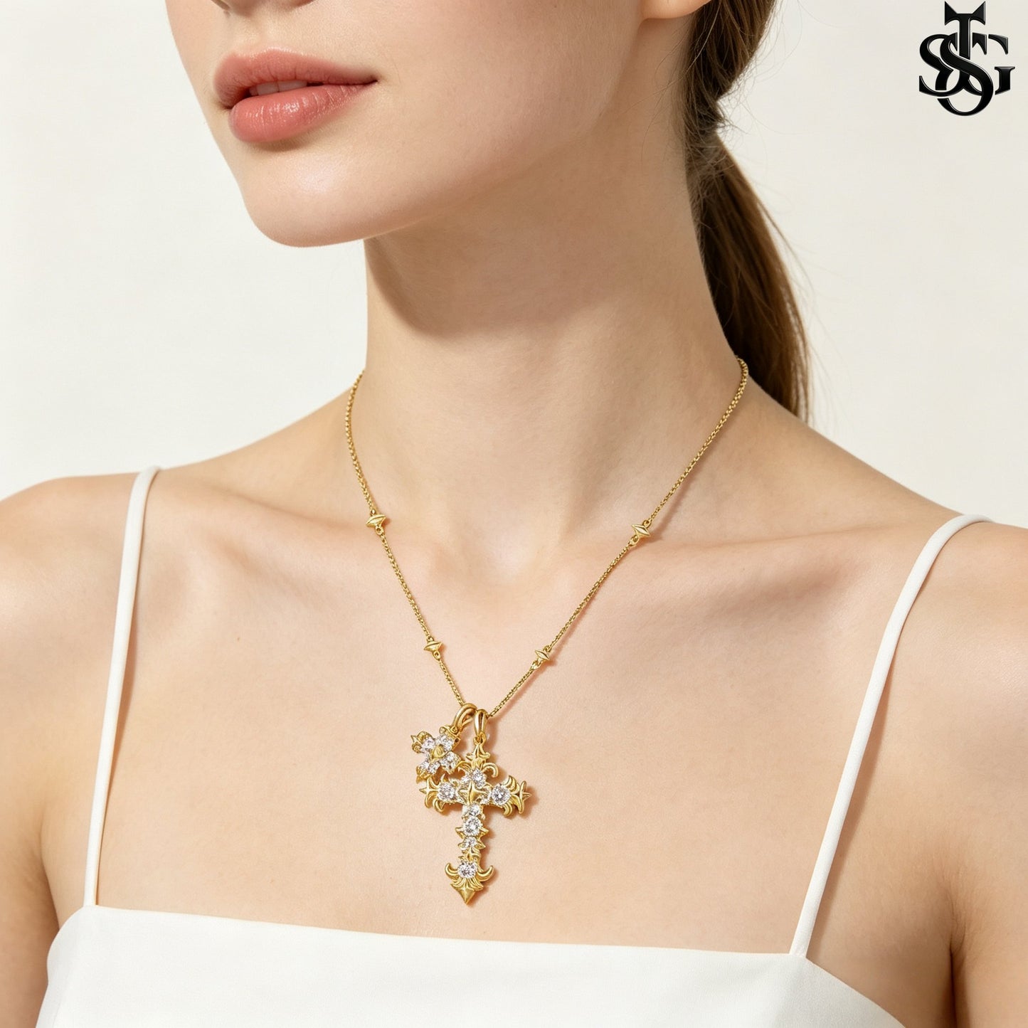 Crystal Double Cross Necklace – Gold CZ Pendant Satellite Chain