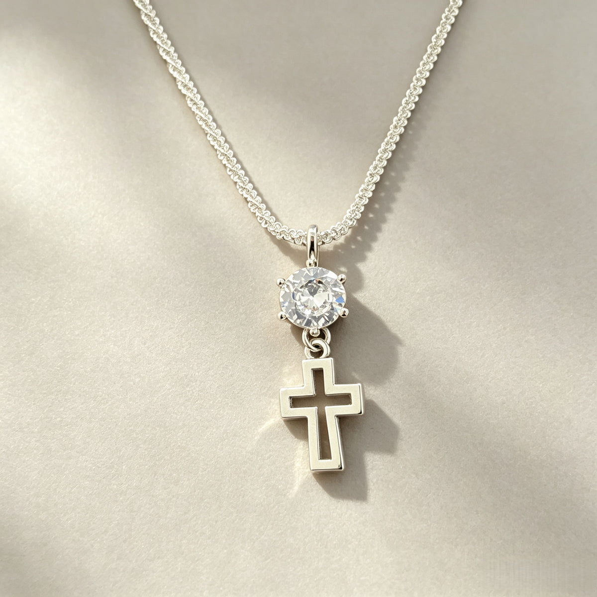 Sparkling Crystal Cross Pendant Necklace – Silver Rope Chain Christian Faith Jewelry