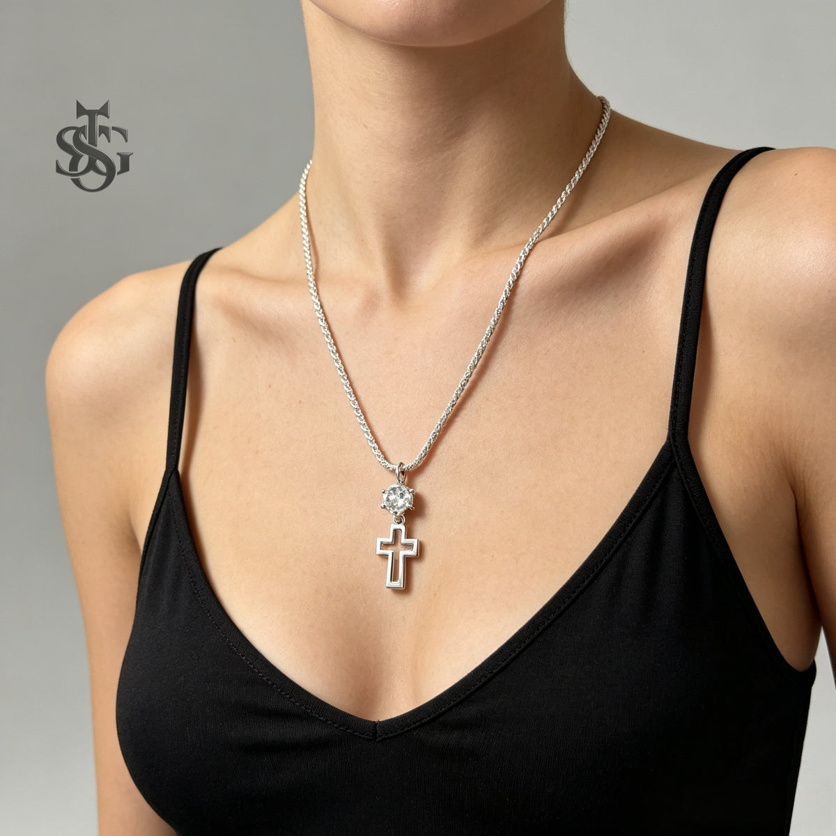 Sparkling Crystal Cross Pendant Necklace – Silver Rope Chain Christian Faith Jewelry
