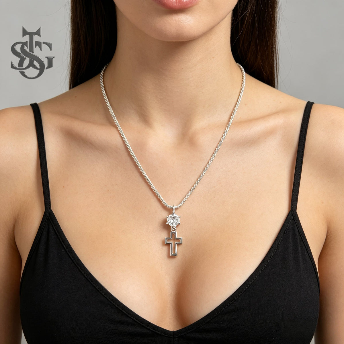 Sparkling Crystal Cross Pendant Necklace – Silver Rope Chain Christian Faith Jewelry