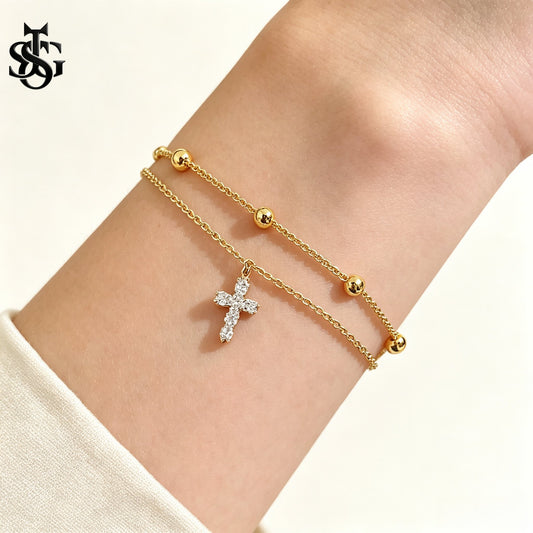 Layered Cross Charm Bracelet – Dainty Cross Jewelry & Layering Bracelet Inspo