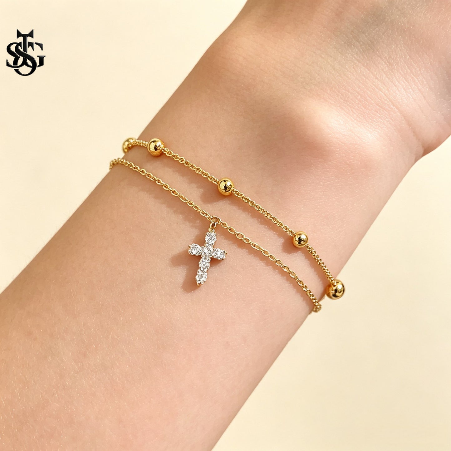 Layered Cross Charm Bracelet – Dainty Luxury Copper Bracelet