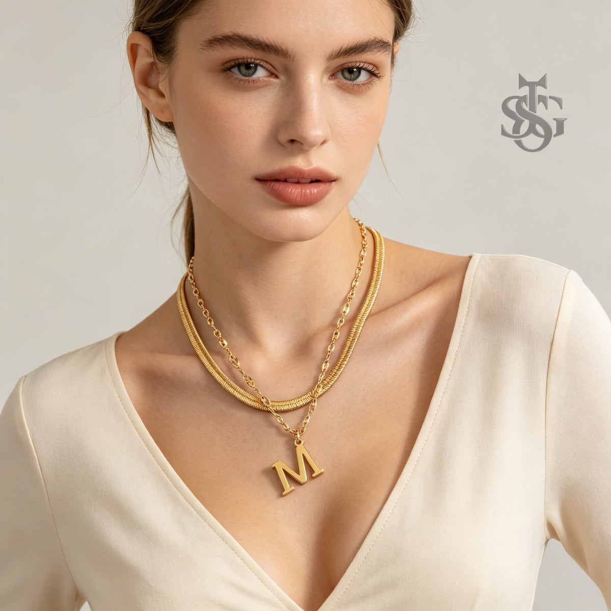 18K Gold Plated Layered Herringbone & Initial Letter Pendant Necklace Set