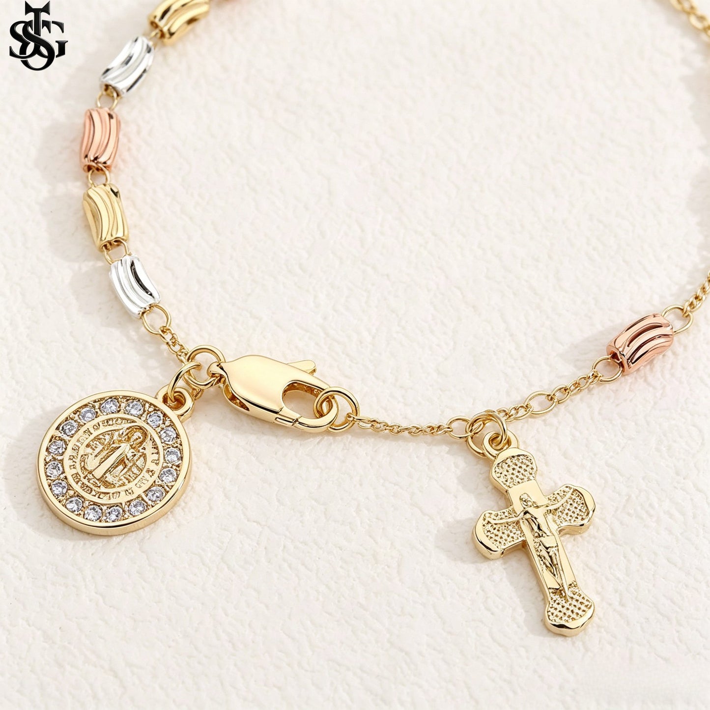Handmade Guadalupe Faith Bracelet | Cross & Virgin Mary Charm | Tricolor Gold Plated