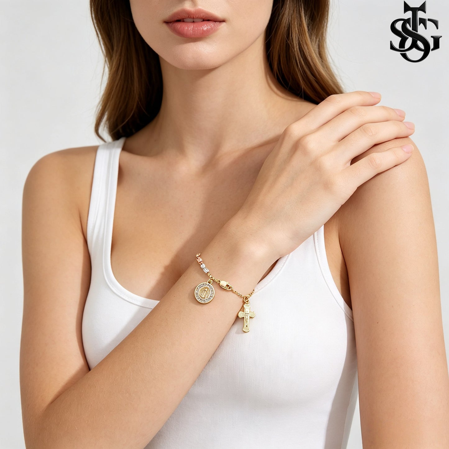 Handmade Guadalupe Faith Bracelet | Cross & Virgin Mary Charm | Tricolor Gold Plated