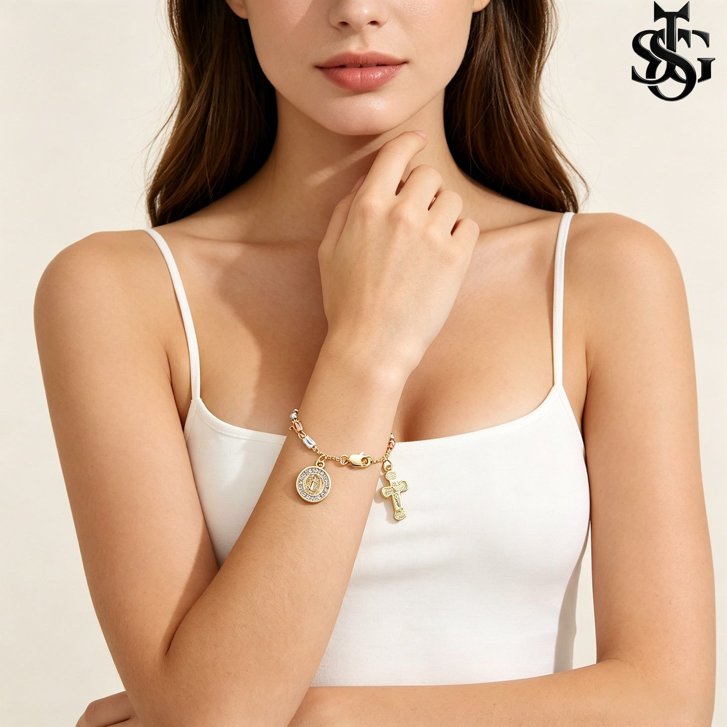 Handmade Guadalupe Faith Bracelet | Cross & Virgin Mary Charm | Tricolor Gold Plated